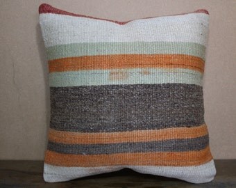 16x16 Kilim Pillow,Pale Colors Kilim Cushion Cover Throw Pillow Stripe Designs Turkey Kilim Pillow 40cm x 40 cm SP40-130