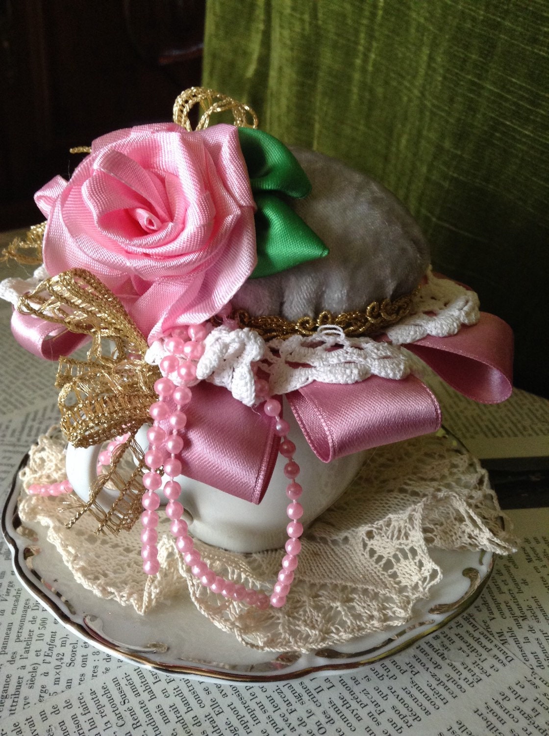 Vintage Tea Cup Pin Cushion Altered Tea Cup Vintage Altered