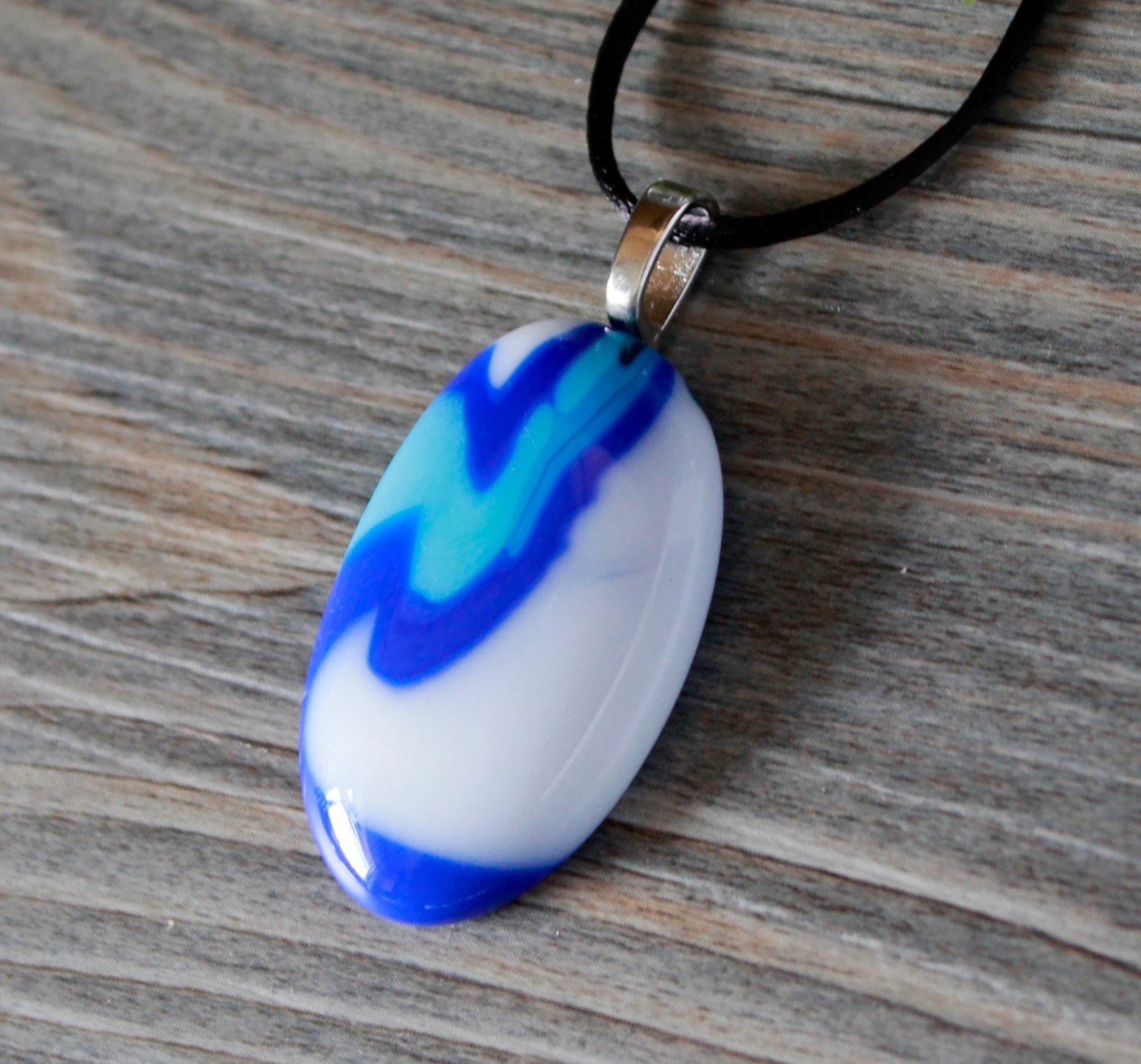 Mixed Blue and White Fused Glass Puddle Pendant with Satin