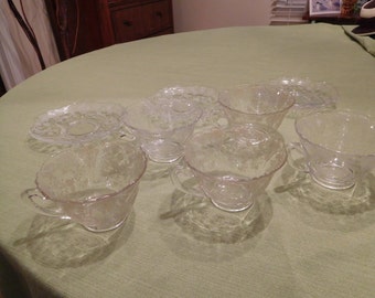 Vintage Glass Rosepoint Teacups and Saucers
