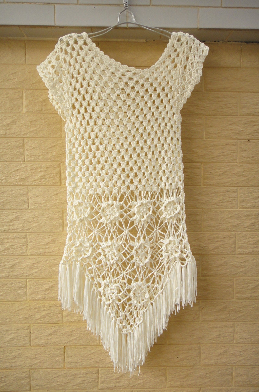 White Fringe Crochet Floral Dress Cap Sleeve