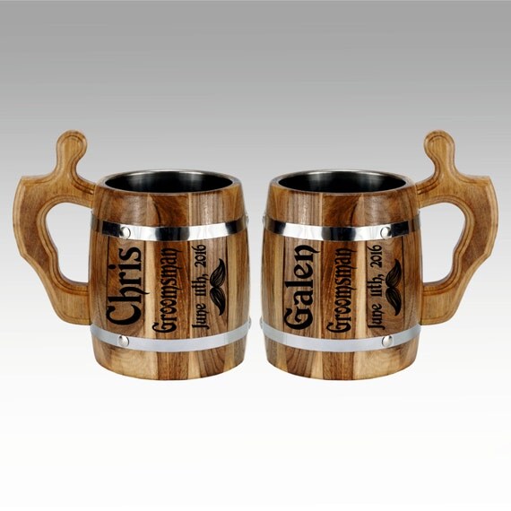 Personalized Groomsmen gift, Wooden Beer Mugs Set of 2, Wedding Gift ...