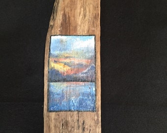 Miniature painting-reclaimed driftwood- seascape painting-hand painted -oil painting-