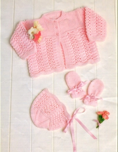 Knitting pattern baby matinee jacket bonnet mittens premature