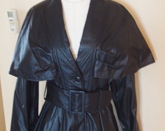 1980s Black Leather Trench Full Skirt, Cape Top Jacket