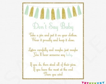 Don't Say Baby Mint and gold baby shower game, clothes pin game, dont say baby game, mint gold tassels, instant download, printable, TASMG