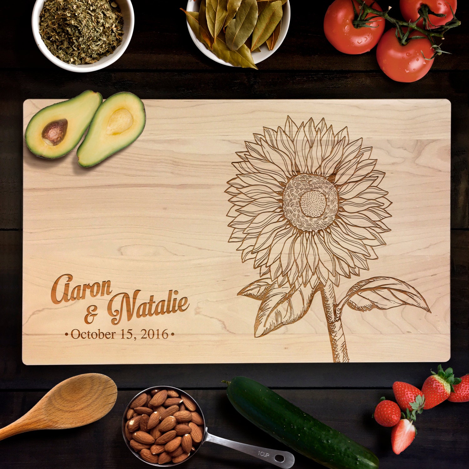 Personalized Cutting Board Sunflower Illustration With Custom 