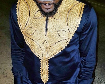 Men's African Wear, Black, navy blue with Gold Embroidery, African Print, African Designs, African Clothing, African Fashion