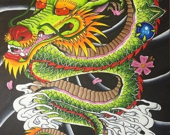 Items similar to Traditional Japanese Dragon snake and fox tattoo ...