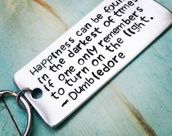 Harry Potter Happiness Can Be Found Dumbledore Key Chain Metal Gift Unique Affordable Dumbledore Harry Potter Hand Stamped Keychain