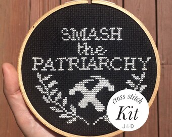 Smash the Patriarchy, Modern Cross Stitch Kit, Black