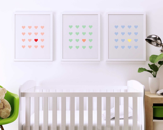 Baby Hearts Nursery Print, Set of 3, Red, Pink, Green, Blue, Yellow, Wall Decor, Interior Design, Home Decor, Office Decor, Digital Print