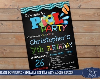 Pool Party Invitation, Pool Party Birthday Invitation, Pool Party Birthday, Self Editable PDF file, Instant Download, Boy Invitation