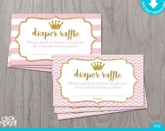 Diaper Raffle Ticket Pink and Gold Glitter Print Yourself Princess Baby Shower, Diaper Raffle Card, Baby Shower Games