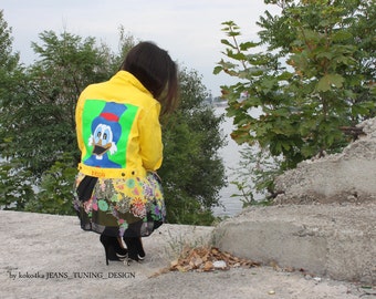 hand-painted clothing denim jacket with painting jacket with art work on it art on denim jean jacket with art fashion wearable art disney