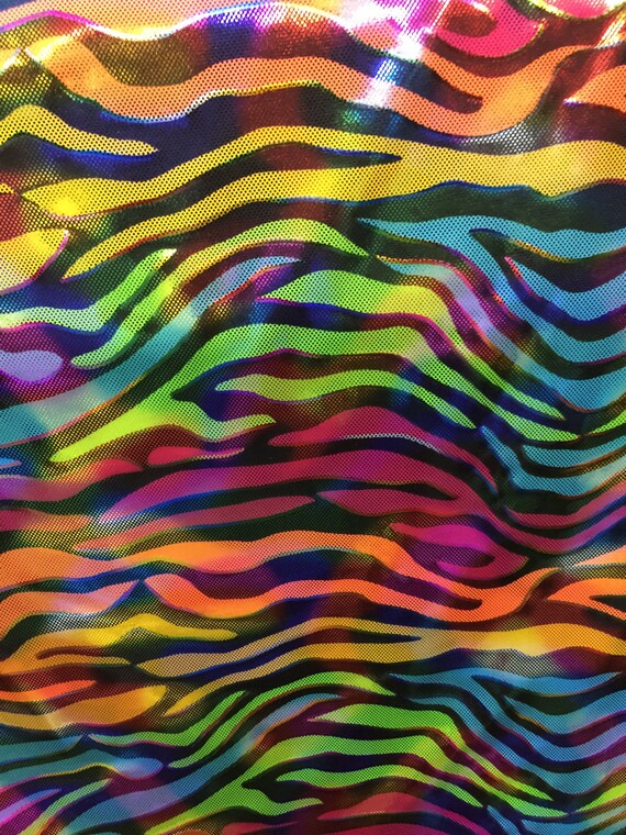 Tie dye zebra hologram spandex blue/green/pink/yellow sold