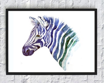 Nature print Zebra print watercolor poster animals print wild print home decor wall art minimalist print minimalist art zebra poster blue