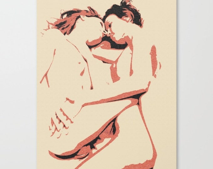 Erotic Art Canvas Print - Girls love to play naughty, unique, sexy conte style drawing, lesbians kissing sketch sensual high quality artwork