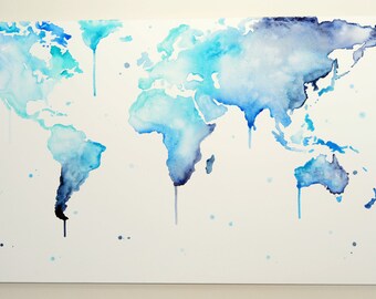 World Map // 'Why So Blue?' Hand Painted Canvas // Wall Art