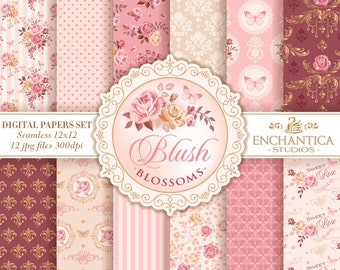 Digital Paper Shabby Chic, Shabby Chic Paper, Shabby Chic Seamless Pattern, Printable Roses, Scrapbook Scrapbooking, Pink Blush Butterfly