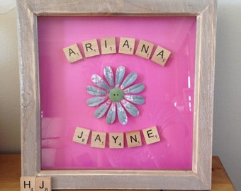 Flower scrabble frame, baby girl, scrabble wall art, flower gift, flower