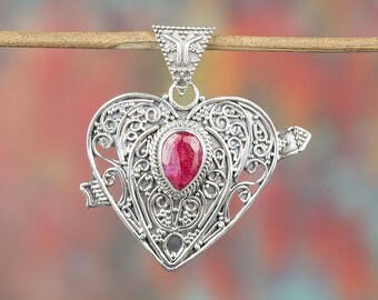 Ruby Pendant, Sterling Silver Pendant, Beautiful Heart Shape Pendant, Red Stone Pendant, July Birthstone, Artisan Jewelry, BJP-936-RU