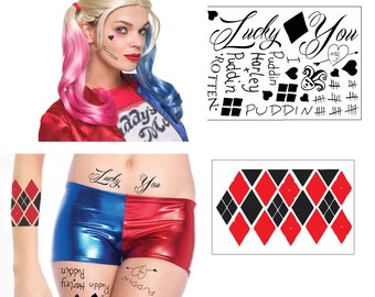 Harley Quinn Costume Temporary Tattoos - 2 Sheets w/ 17 Tats! - Super Realistic - Easy to Apply & Remove