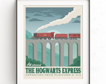 Hogwarts Express. Platform 9 3/4. Harry potter poster. KingCross Station. Train poster. Vintage railway. Retro travel poster. Hogsmeade