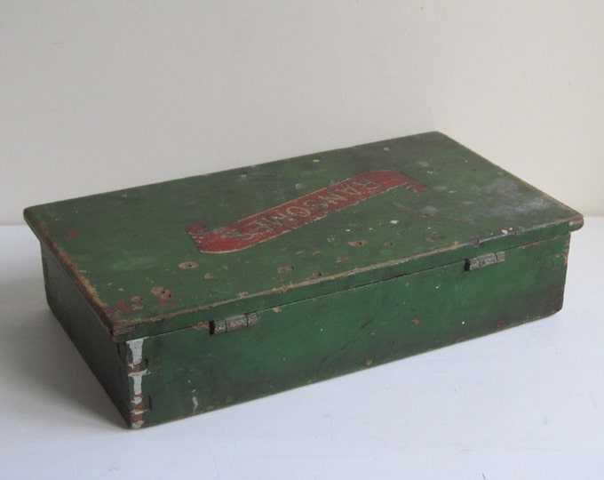 Ransomes tool box, Vintage 1930s Lawn Mover accessory, old green industrial tool box