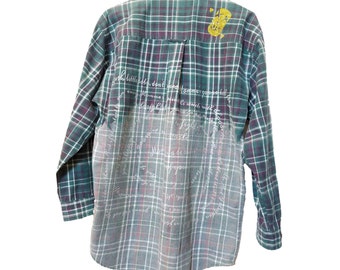 Sale!Harley Quinn lullaby Suicide Squad inspired Comfy Flannel oversized Shirt repurposed glam punk bleach destroyed medium M teal joker