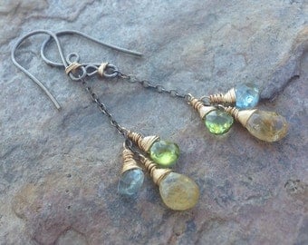 Multi GEMSTONE earrings AQUAMARINE, Rutilated Quartz, Peridot, sterling silver 14k gold filled mixed metal