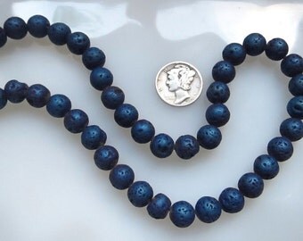 Lava Beads Metallic Blue Titanium 8mm Round, Half Strand