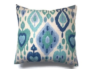 Decorative Pillow Cover Ikat Design Navy Blue Teal Periwinkle Ivory Same Fabric Front/Back Toss Throw Accent 18x18 inch x