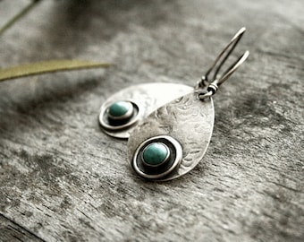 Silver Turquoise Earrings - Hammered Sterling Silver Jewelry, Rustic, Southwestern Teardrop Earrings - Desert Oasis