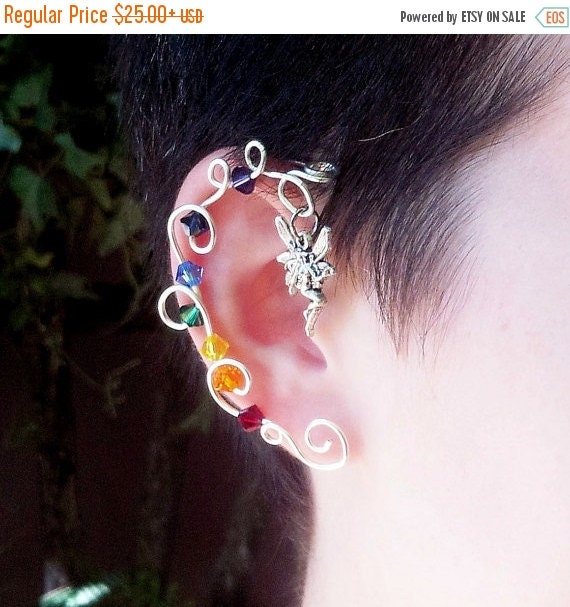 ON SALE Rainbow Crystal Vine Ear Cuff Wrap Fairy by Thyme2dream