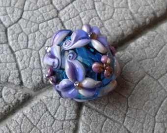 SALE 20% OFF Purple Teal Hollow Floral Lampwork Beads by Cherie Sra R114 Flameworked Floral Bead Hollow Floral Bead Applied Floral Bead