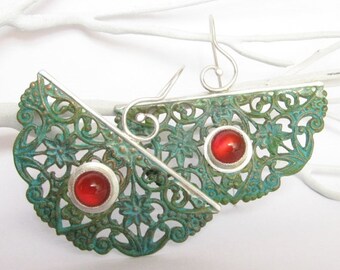 Large Verdigris Earrings, Carnelian Earrings, Mixed Metal Earrings, Green Patina Earrings, Bohemian Jewelry, Exotic Earrings, Boho Earrings