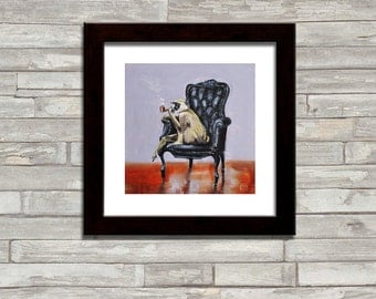 Monkey, animal, Smoking a Pipe, black leather chair, Square ART PRINT of original Oil Painting by artist Kimberly Applegate