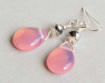 Pink Pearls Earrings - Pink Drop Earrings - Pink and Silver Earrings - Sterling Silver Earrings
