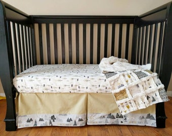 Mountain Woodland Crib Set for Baby Boy - Mountain Nursery Bedding - Mountain Baby Bedding Bumperless Bedding - Crib Sheet - Crib Skirt