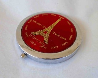 Vintage Eighties Round Compact Mirror with Eiffel Tower in PARIS / Celebrating Construction of Eiffel Tower Time Period