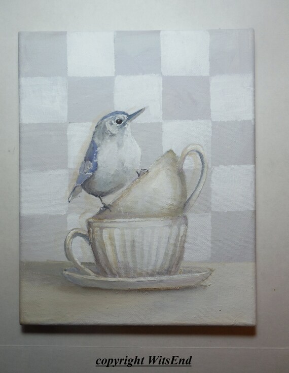 Bird Teacup painting  original ooak art Nuthatch white tea cups
