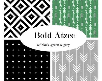 Custom Crib Bedding-3 piece-Bold Aztec-black, green and grey-modern crib bedding