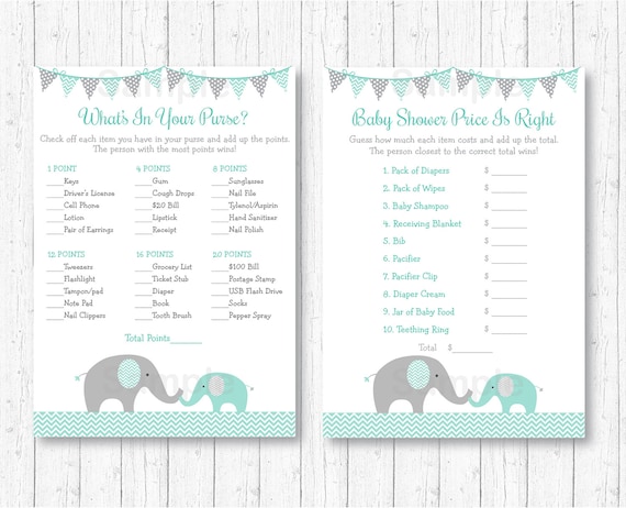 Mint Green /& Grey Chevron Elephant Baby Shower Games Pack 8 Printable Games