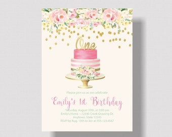 GIRLS FIRST BIRTHDAY Invitation Pink and Gold Glitter | Watercolor Floral 1st Birthday Invitation for Girl Pink and Gold | Boho Shabby Chic
