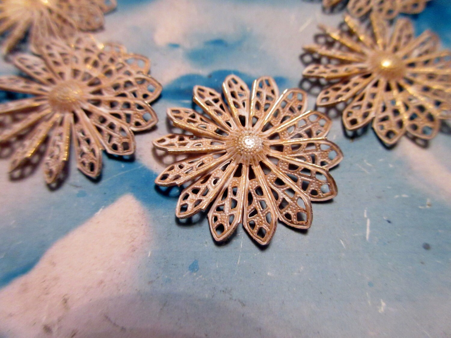 Gold Plated White Frosted Patina Brass Filigree Flower