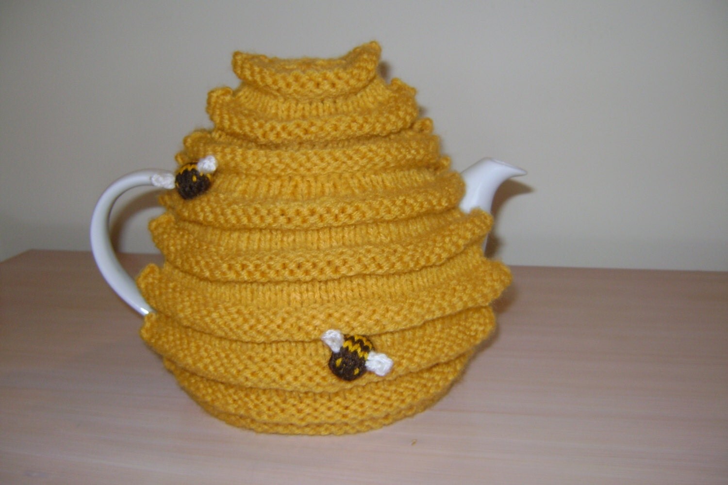 Hand knitted bee hive teapot cozy honey pot tea cosy with