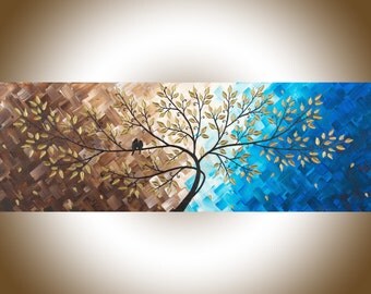 Canvas art Blue Brown love Birds Art narrow art Impasto acrylic painting wall art wall hanging "Beautiful Love" by qiqigallery