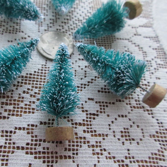 10 Small Bottle Brush Christmas Trees 2 Inch Tall Snowy Green