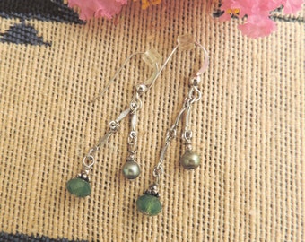 Elegant Long Earrings Green Fresh Water Pearls, Green Swarovski Beads